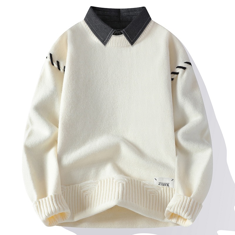 Fake Two-Piece Thickened Autumn and Winter Shirt Collar Sweater Sweater for Men and Teenagers to Keep Warm and Trendy