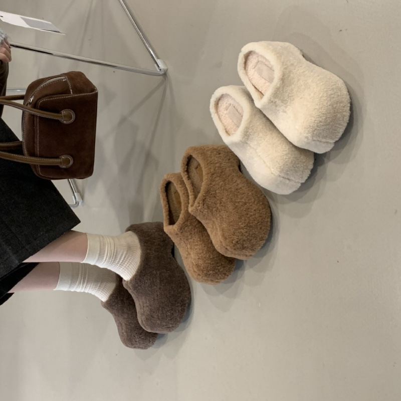 韩版圆头绒面加绒包头拖女2025年新款秋百搭舒适内增高厚底毛毛鞋