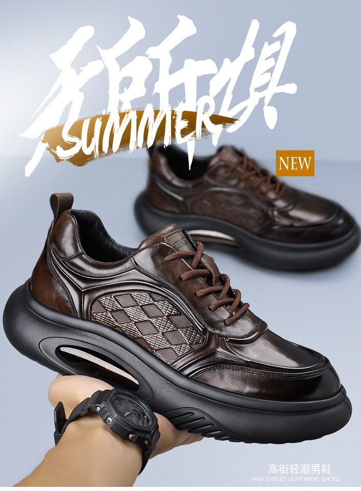 Giày thể thao nam da bò thật đế dày tăng chiều cao, giày sneaker nhẹ thoáng khí gót 3–5 cm — màu nâu, màu đen chi tiết 4