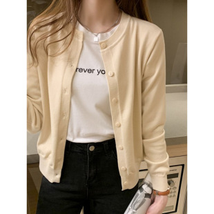 Round Neck Long-Sleeved Cardigan Summer Thin Coat Shawl Apricot Knitwear Spring and Autum Pure Color Short Sun Protection Shirt