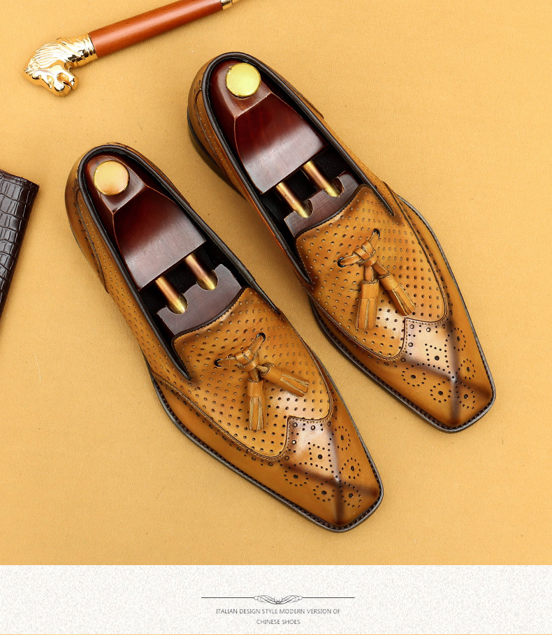 Casual summer leather shoes men's hollow breathable leather business dress shoes_vogvips.com