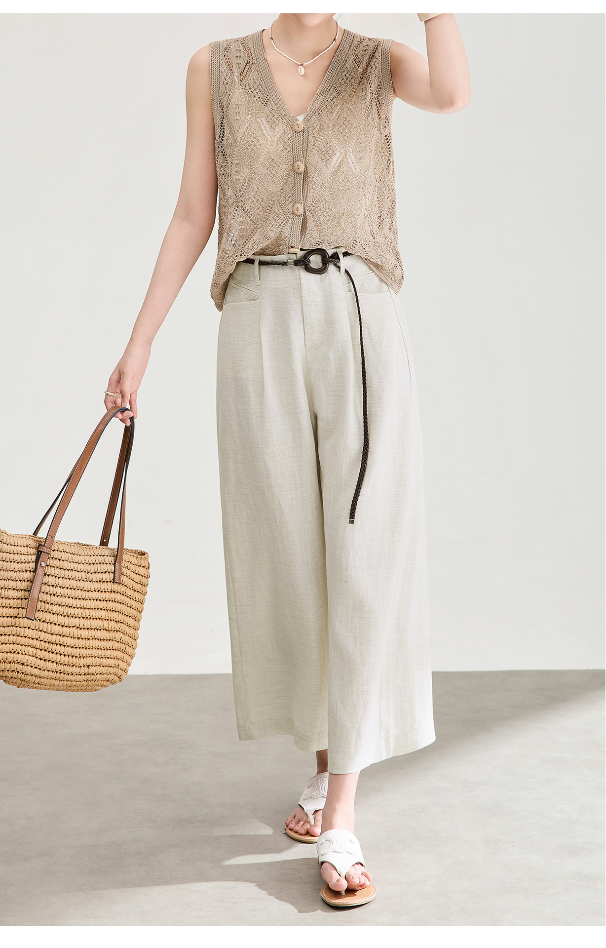 Quần culottes nữ ống rộng chất liệu linen phối sợi tencel, cạp cao dáng suông, mặc mùa hè thoáng mát — Xanh lông mòng đen chi tiết 12