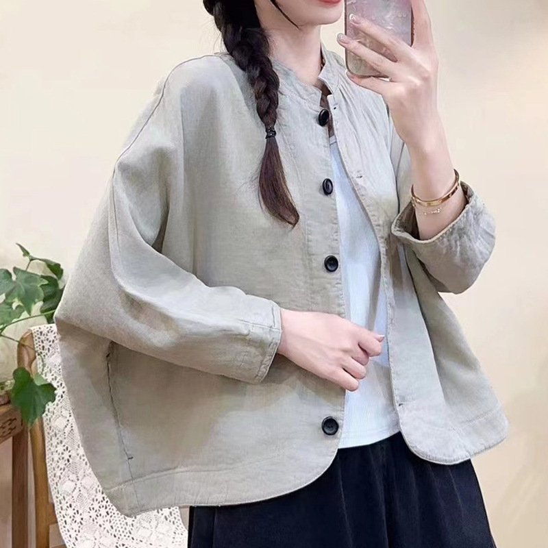 春秋季新款文艺双层肌理感棉纱外套女单排扣纯色立领开衫外套女|undefined