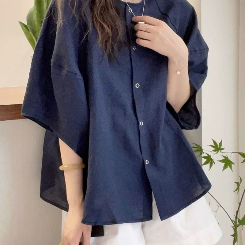 Модная повседневная женская рубашка с короткими рукавами дофамина, летняя однотонная рубашка больших размеров, свободный утягивающий свободный топ с круглым вырезом