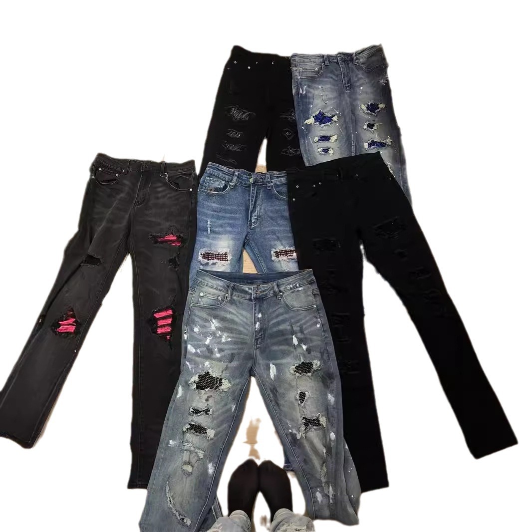 Men's Clothing Diamond Hole Jeans High Street Black Basic Hole Tight Stretch Jeans Trousers_voghion.com