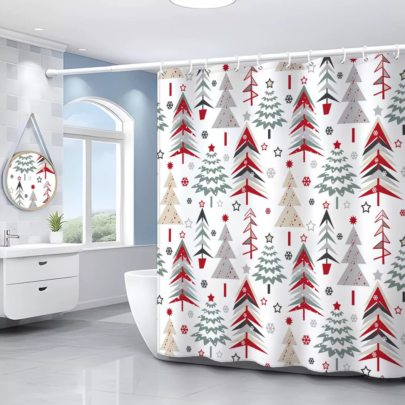 Colorful Merry Christmas shower curtain with hook Christmas tree red star snowflakes seamless pattern funny Christmas shower curtain set