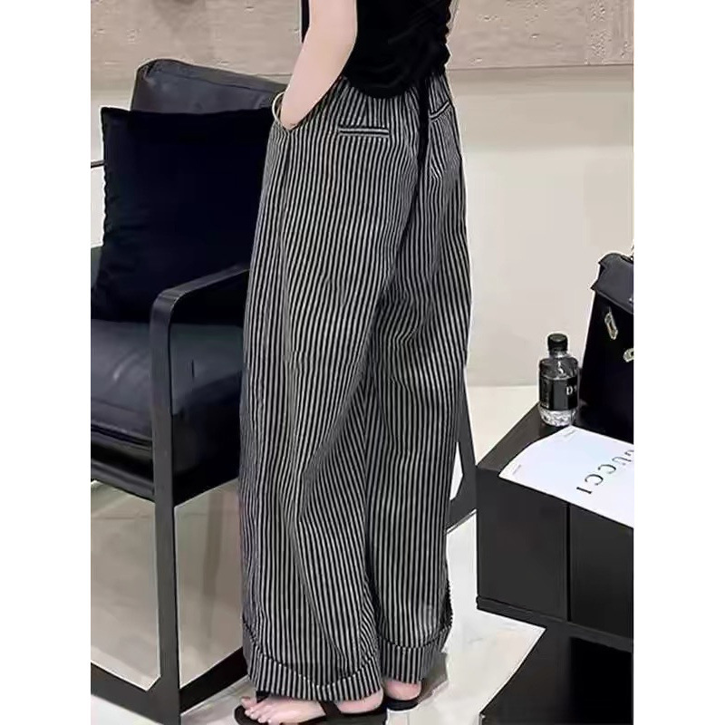 欧货2025黑白条纹薄款裤子女春季小个子慵懒松弛感显瘦休闲阔腿裤|undefined