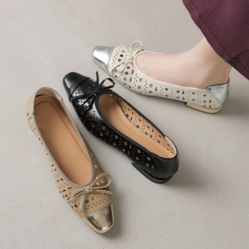 Super Soft Hollow-out Breathable Cowhide Hole Shoes 2025 Thick Low Heel Round Head Leather Shallow Bow Color Block Shoes for Women