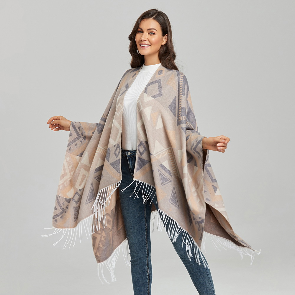 Off-the-shelf women's tassel slit shawl cape double-sided imitation cashmere thickened warm large cloak blanket cross-border only