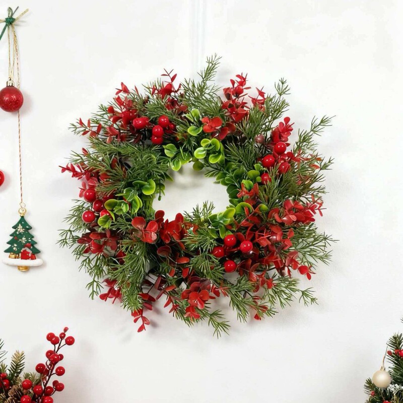 Cross-Border Hot-Selling Christmas Wreath Decoration Items, Front Door Wreath, Pine Cone Ornaments, Berries, Cypress Leaves, Red Fruit Decorations