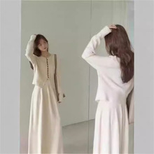 慵懒风气质显瘦休闲针织开衫套装女秋冬季修身毛衣半身裙两件套女