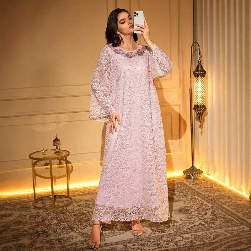 Ky2642 Cross-Border Women's Loose Round Neck Elegant Pink Lace Long-Sleeved Dress with Beaded Appliqué Fashion Dress