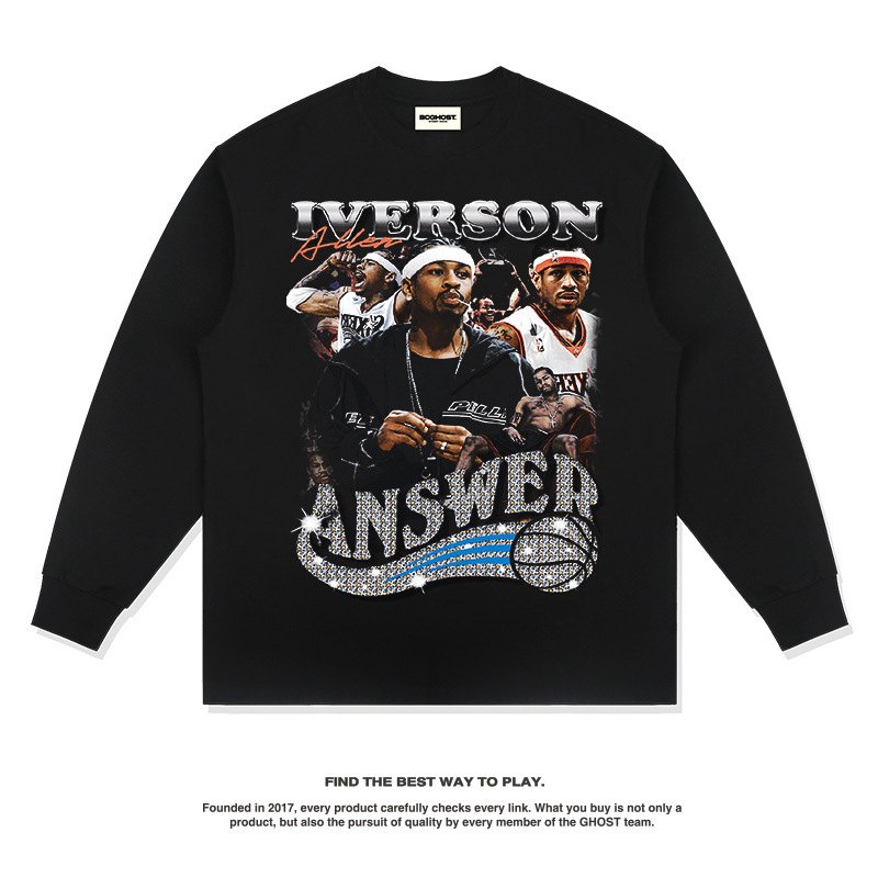 Iverson American Star camiseta hip-hop de la calle impresión de moda retro hacer viejo lavado pesado cuello redondo manga larga