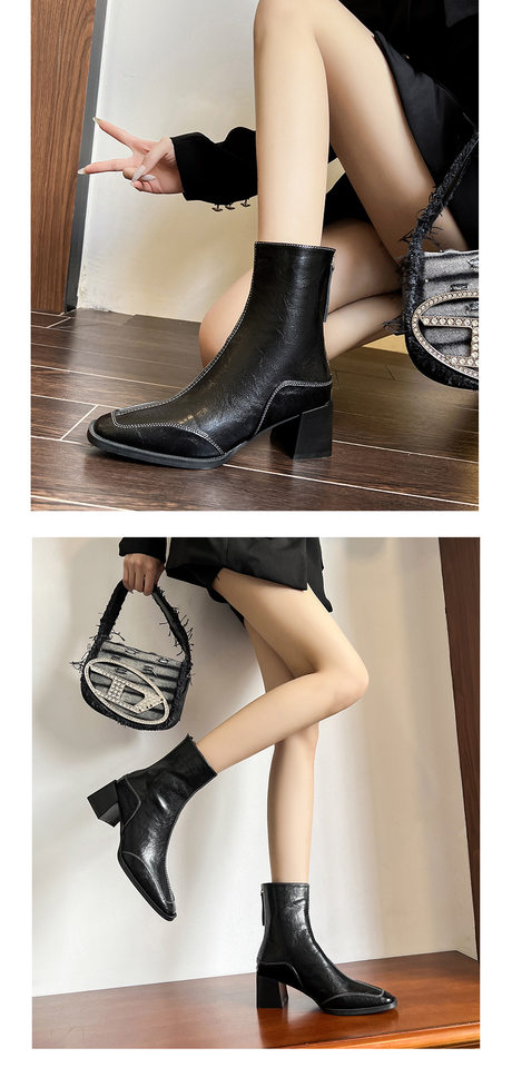 Bốt nữ cổ thấp mũi vuông gót thô 6 cm phong cách Anh, khóa kéo bên — Màu nâu đỏ, Màu nâu đỏ lót nhung, Màu đen, Màu đen lót nhung chi tiết 6