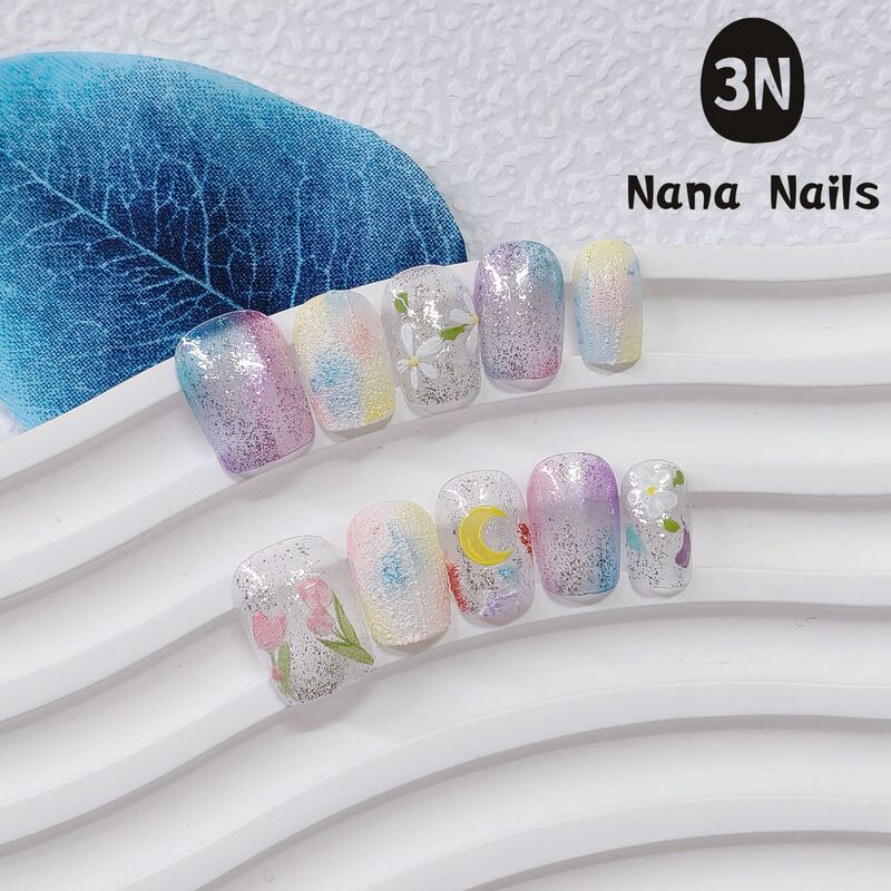 Handmade Wearable Nail Art Watercolor Rainbow Dopamine Daily Short Fake Nail Tips Cross-Border Hot Sale