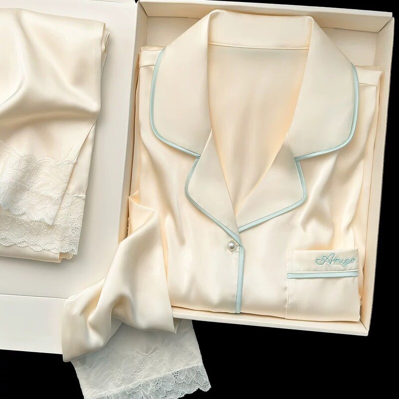 New Ice Silk Pajamas for Women, Spring Cardigan, Long-Sleeved Pants, Solid Color, High-End Lace, Can Be Worn Outside as Home Clothes New Ice Silk Pajamas for Women, Spring Cardigan, Long-Sleeved Pants, Solid Color, High-End Lace, Can Be Worn Outside as Home Clothes