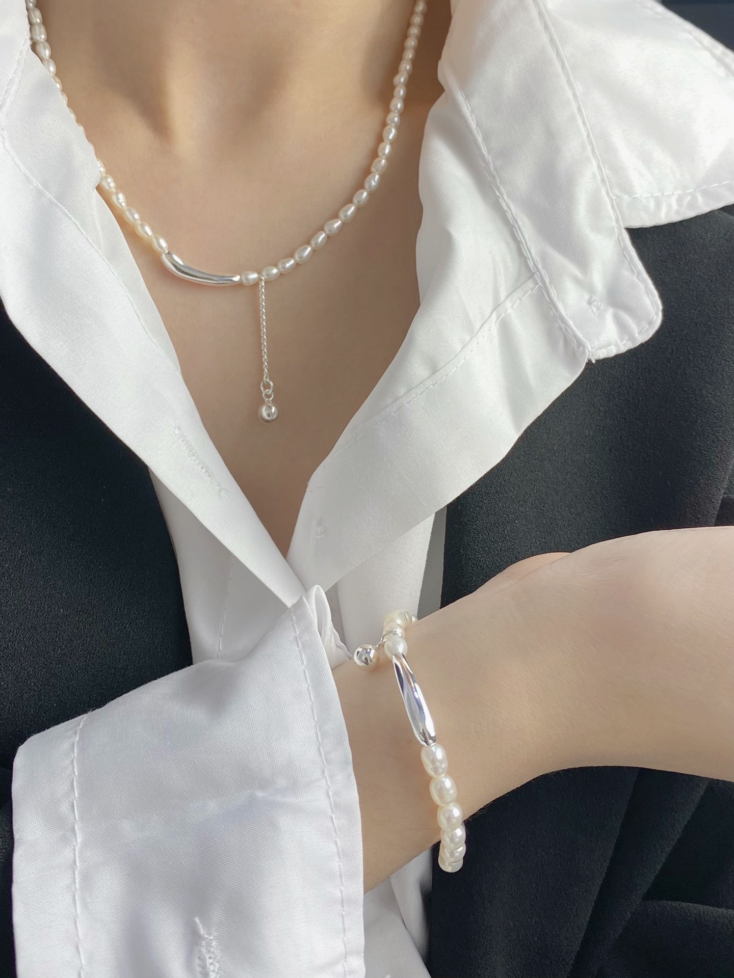 S925银韩版小众天然珍珠小茄子流苏套链项链手链小众设计