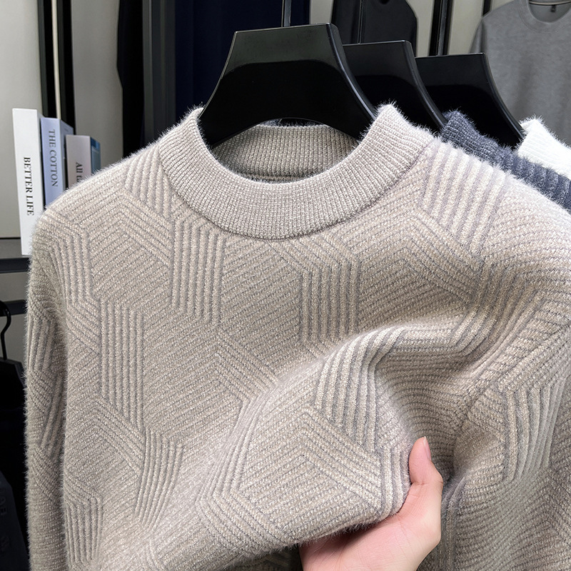 Sweater New Men's Ferret Velvet Knitted Warm All-In-One Sweater Pullover Casual Trendyy Jacquard Top Warm