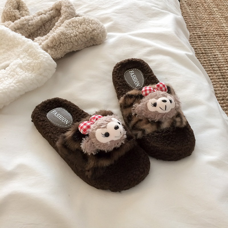 Cute Cartoon Furry Slippers for Women in Autumn and Winter Home Indoor Anti-Slip and Deodorant New Warm Confinement Cotton Slippers for Women