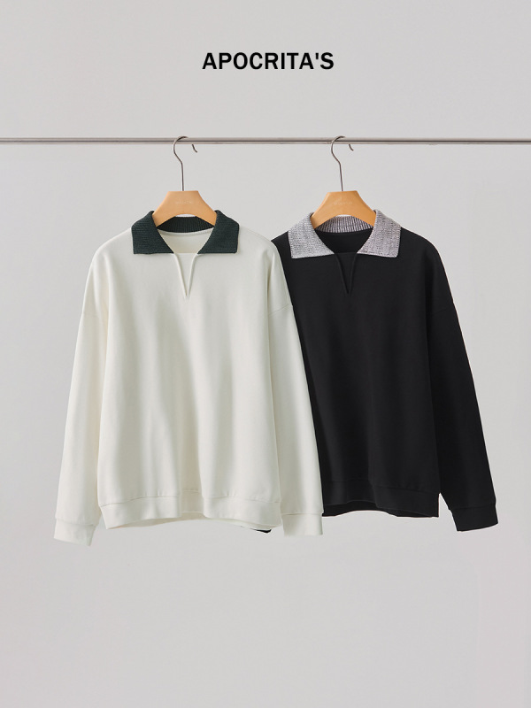 APO | クロスボーダーメンズスウェットシャツトレンディな秋のコントラストカラーステッチラペル長袖Tシャツルーズインナートップ|undefined