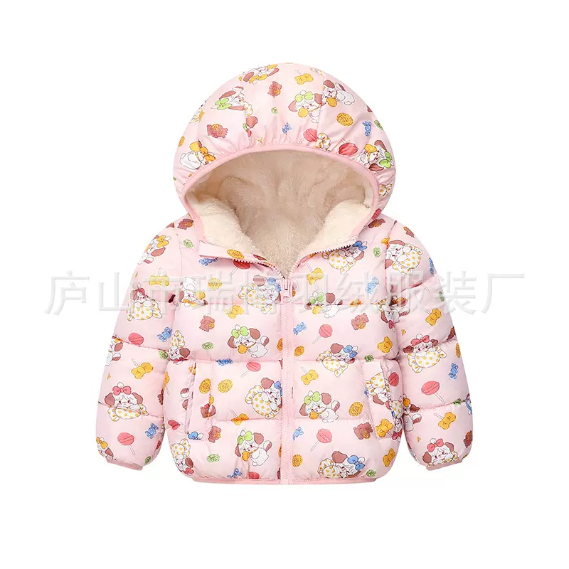 新款加绒加厚儿童羽绒棉服短款男女童中小童连帽卡通外套