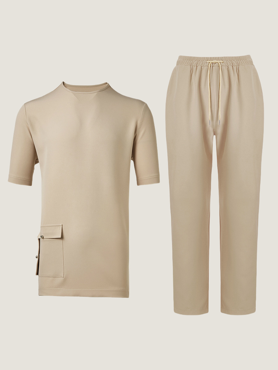 Completo africano uomo camicia maniche corte e pantaloni khaki_voghion.com