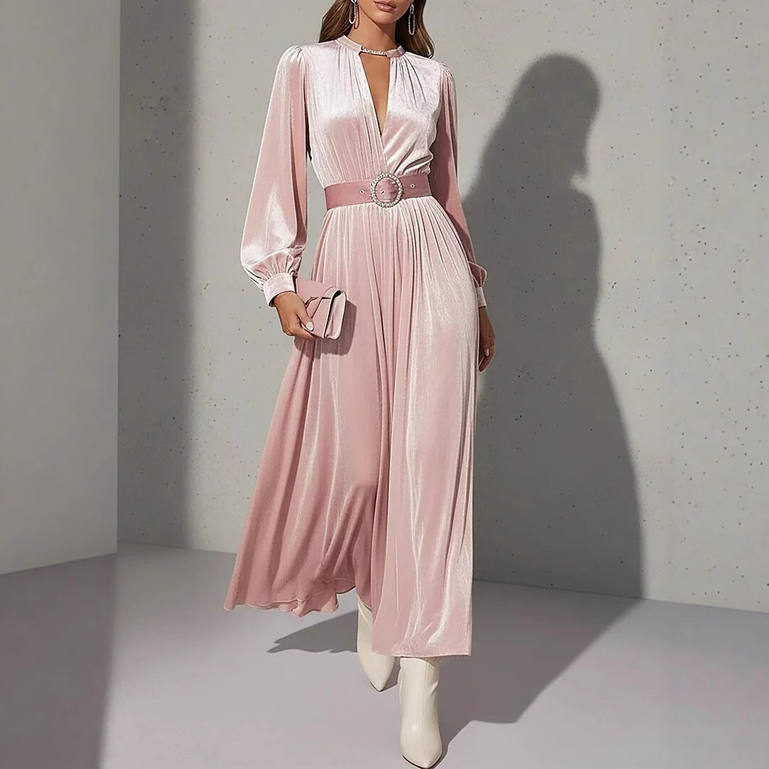 2025 European and American Women's Clothing Amazon Waist Slimming Look Pure Color V Neck Gold Velvet Metal Accessories Dress Long Skirt