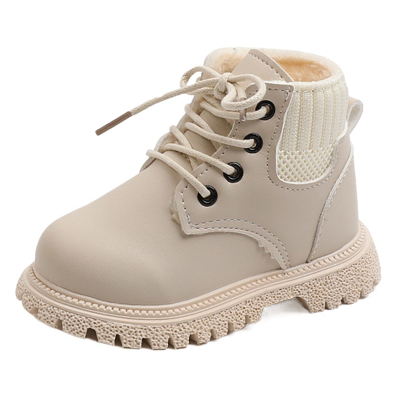 2021 Children's Winter Solid Color Fleece-lined Boots Boys' Fashion Martin Boots Girls' Soft Sole Boots Large Cotton Leather Boots