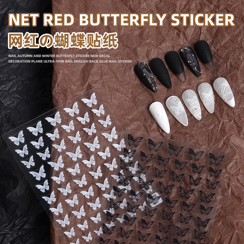 INS estilo de uñas mariposa pegatinas de encaje blanco negro avanzado floración delgada dura novia pequeño patrón fresco decorativo hueco