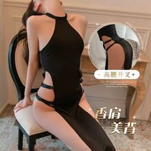 禁忌之夜情趣内衣性感纯色挂脖冰丝长裙纯欲镂空高腰侧开叉紧身连