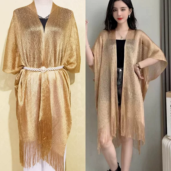European and American-style cross-border gold silk split shawl women's thin dinner dress decorative tassel hollow sunscreen scarf