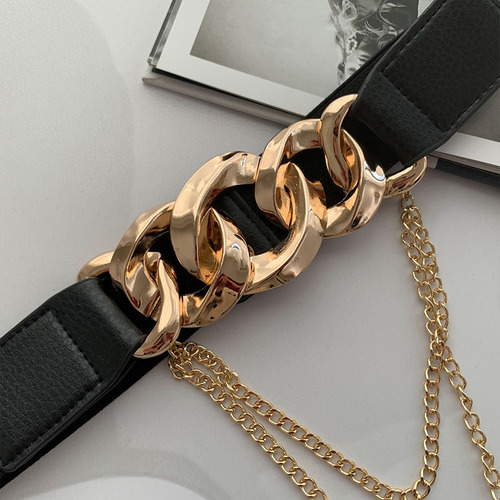 Elastic elastic belt, trendy metal chain decorative girdle with coat and dress, retro outer belt
