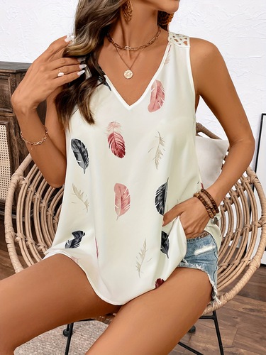 Amazon Bestseller Extended V-Neck Blouse with Feather Shadow Print Lace Cut-out Women's Vacation Sleeveless Top