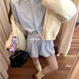 蓝衬衫撞色翻领上衣女秋季新款显瘦气质花苞短裙两件套图片色抽褶