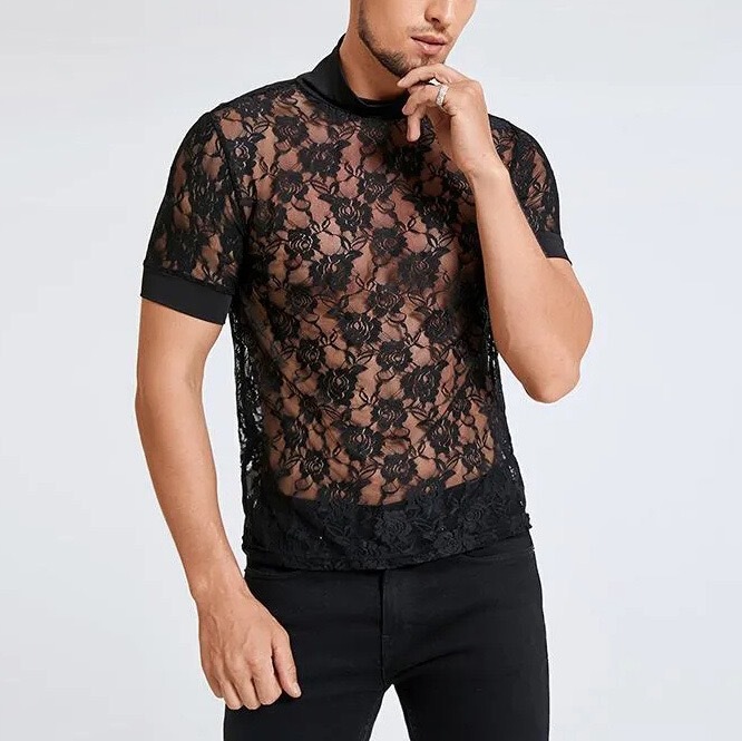 Spot 2024 Cross-Border Men's High Collar Lace Short-Sleeved Elastic Slim T-Shirt Fashionable Versatile Trendy Men's Top