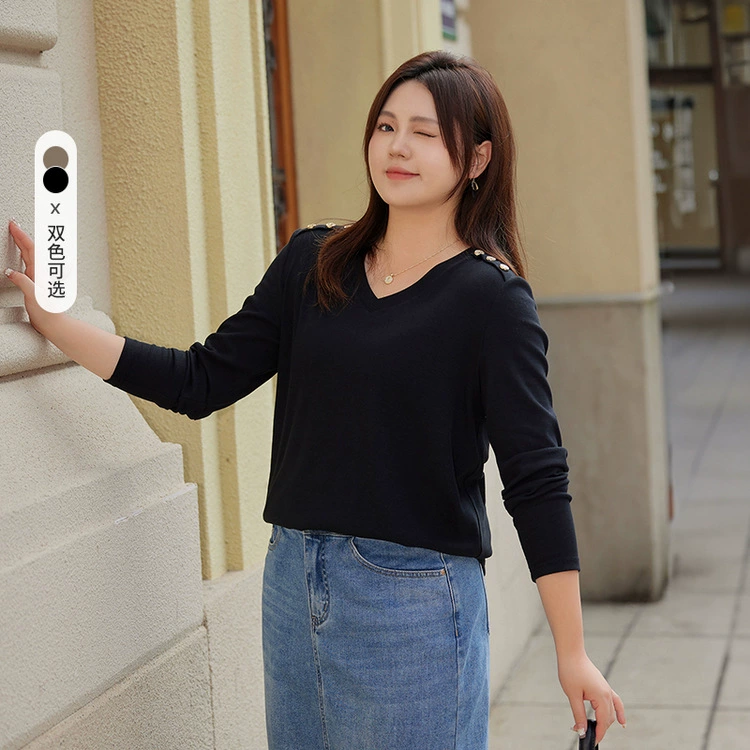 Slim show 2023 Осень Новая женская одежда больших размеров, пухлые девушки, простой эластичный удобный Свободный дышащий свитер с V-образным вырезом