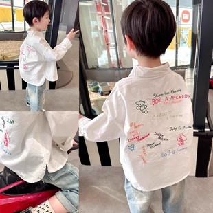 [6150 People Collection] Boys Spring Shirt 2024 New Kidsren's Embroidered White Long-Sleeved Shirt Boys Spring