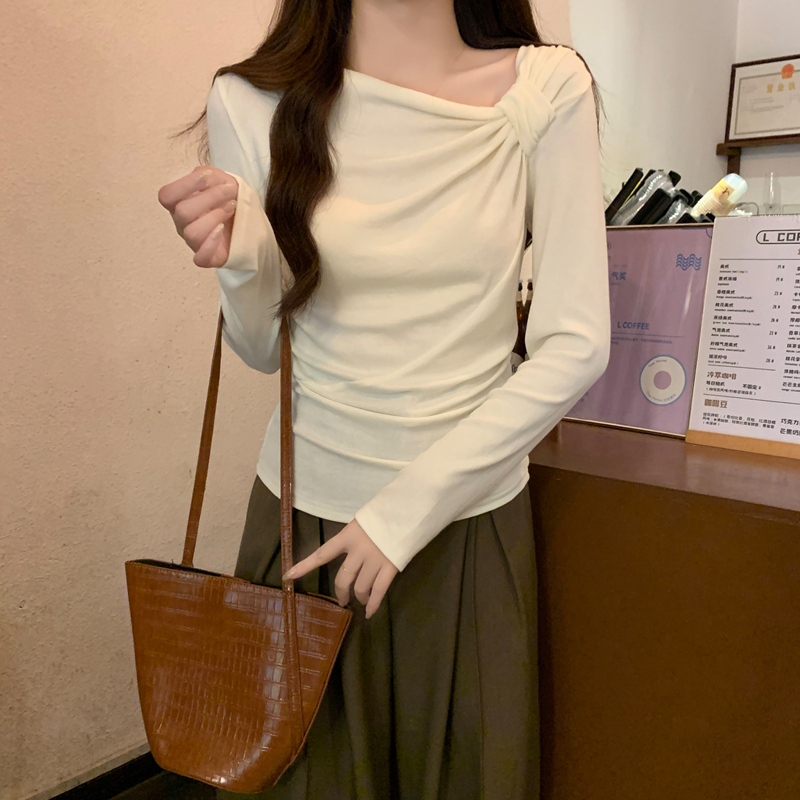 2025早秋季新款斜领上衣褶皱修身设计感长袖辣妹T恤女内搭打底衫|undefined