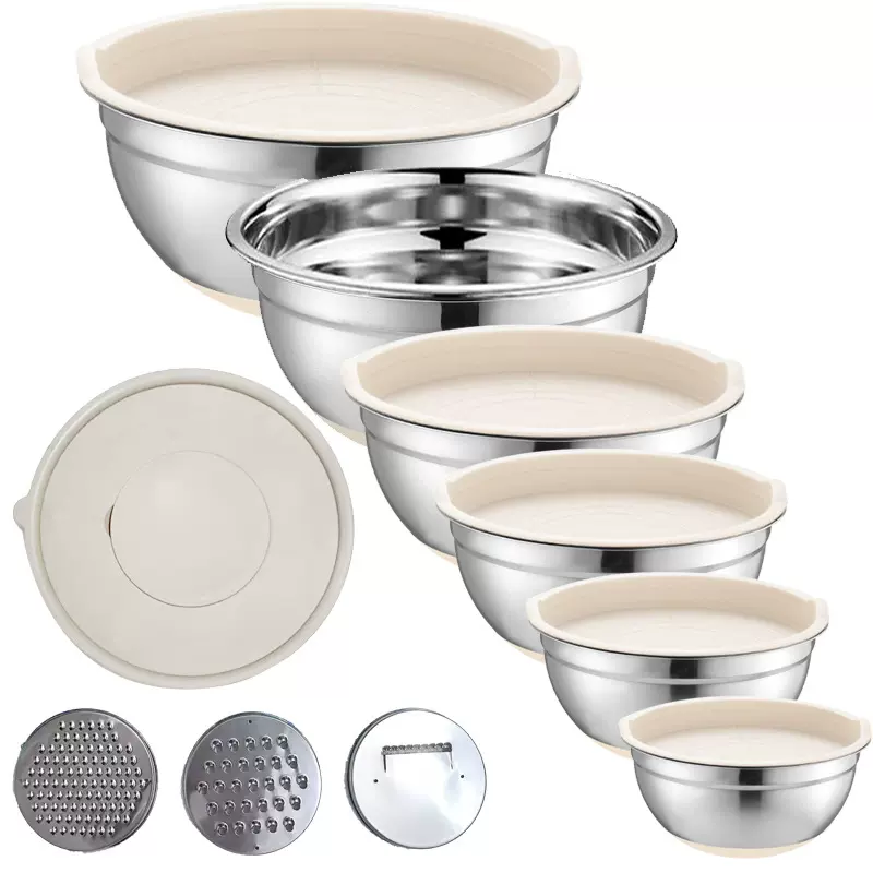 不锈钢沙拉盆卡其色防滑硅胶底带盖刨丝器套装碗打蛋盆烘焙搅拌盆