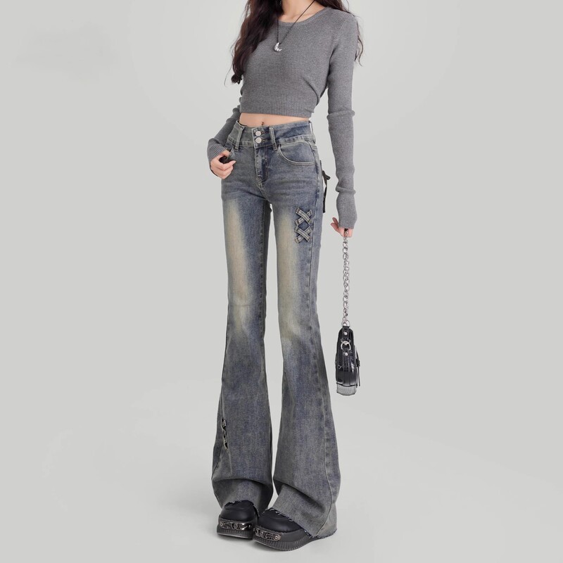 Hot Girl Retro High-Waisted Micro-Flared Jeans for Women Summer Large Size Bow Slimming Elastic Horseshoe Floor-Length Trousers