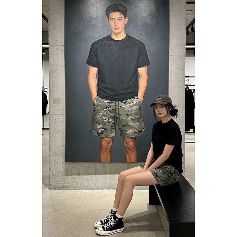 American-style camouflage sports shorts for men, summer trendy fitness pants, basketball ice silk quick-dry running quarter-length shorts