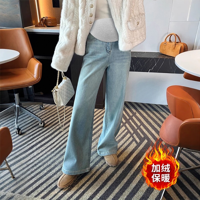 2025 Winter Maternity Jeans Belly Support Pants Fleece-Lined Thickeneded Imitation Mink Velvet Warm Straight Pants Casual Outer Wear