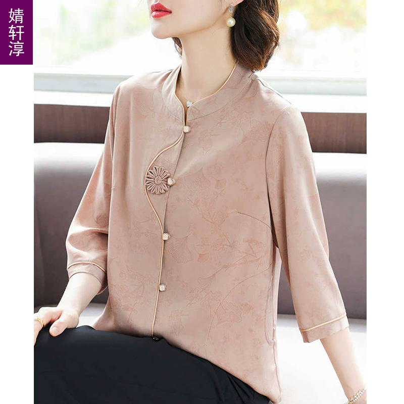 Летняя одежда для мамы, благородная и популярная рубашка в китайском стиле с рукавом три четверти, костюм в западном стиле, новый топ в китайском стиле для женщин среднего и пожилого возраста.