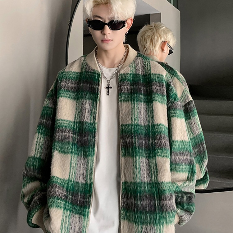 Versión coreana de la tendencia cleanfit marca de moda americano retro a cuadros camisa de lana chaqueta pequeña fragancia pareja