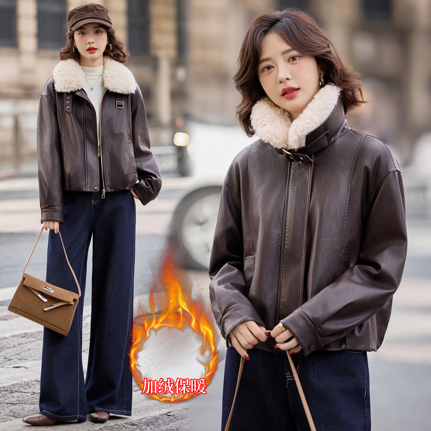 Haining Versatile Leather Jacket for Women, Popular Style with Added Fur, 2025 Autumn and Winter, Sheepskin Short Jacket for Petite Figures