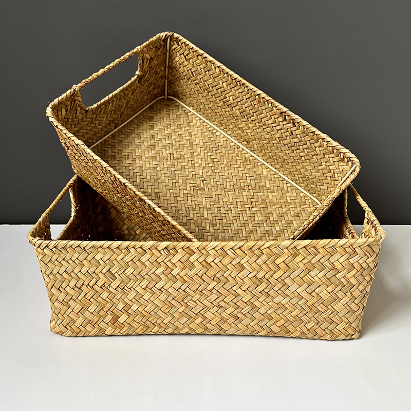 Seagrass storage frame woven basket desktop sundries storage basket snacks rectangular portable rattan storage basket