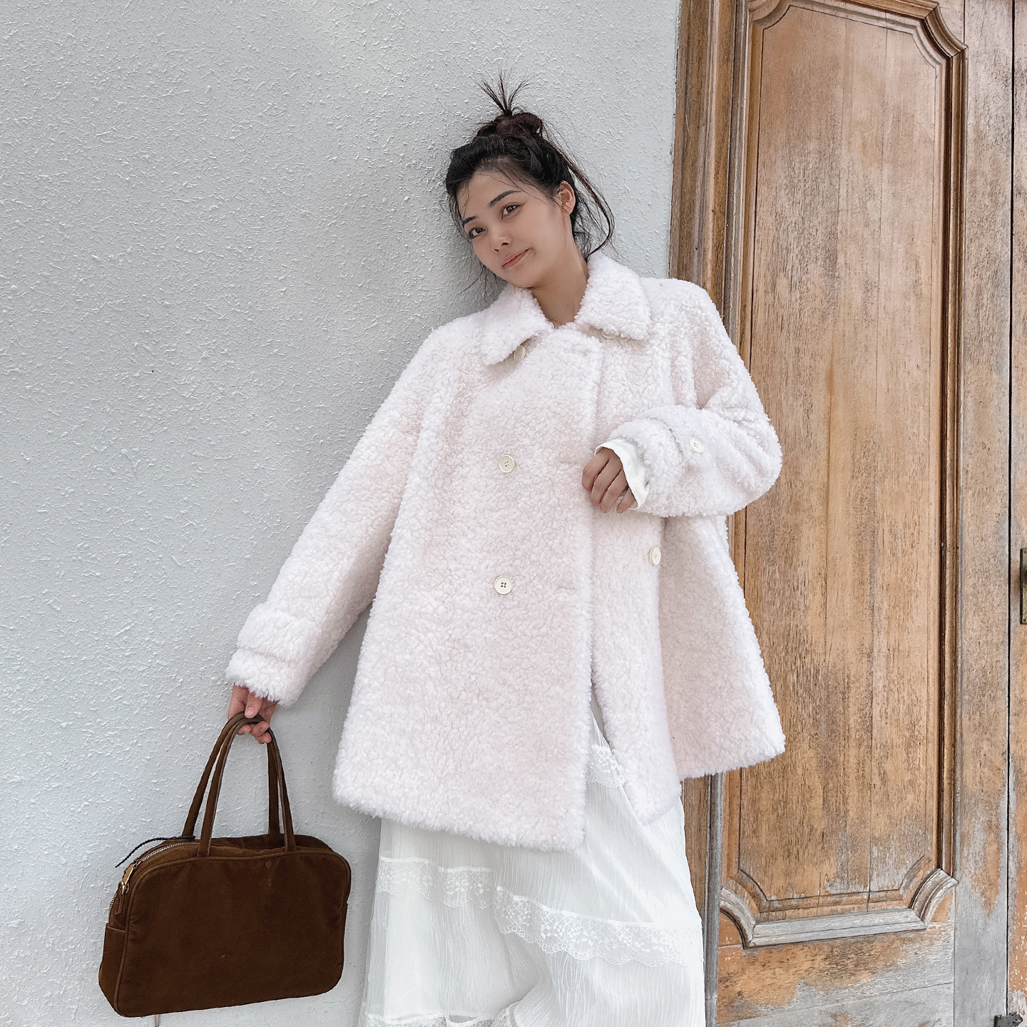 斗篷款羊毛皮草外套女羊羔毛颗粒绒皮毛一体中长款千金裙毛大衣