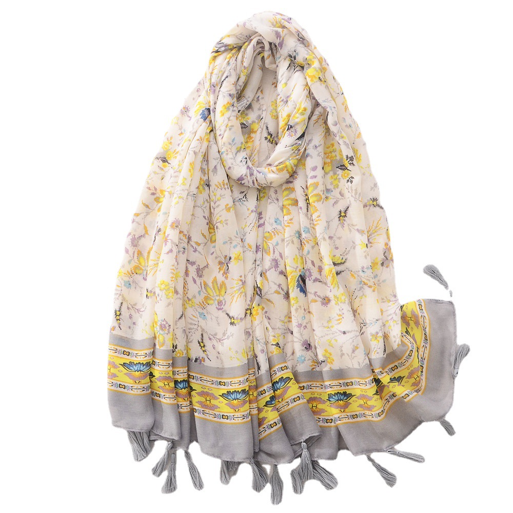 Dulce fresco estampado floral decorativo algodón y lino sensación bufanda borla bufanda playa protector solar chal bufanda para las mujeres