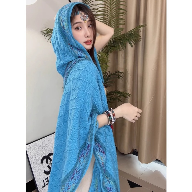 旅游民族风连帽披肩女外搭新疆云南波西米亚空调房流苏针织衫斗篷|undefined