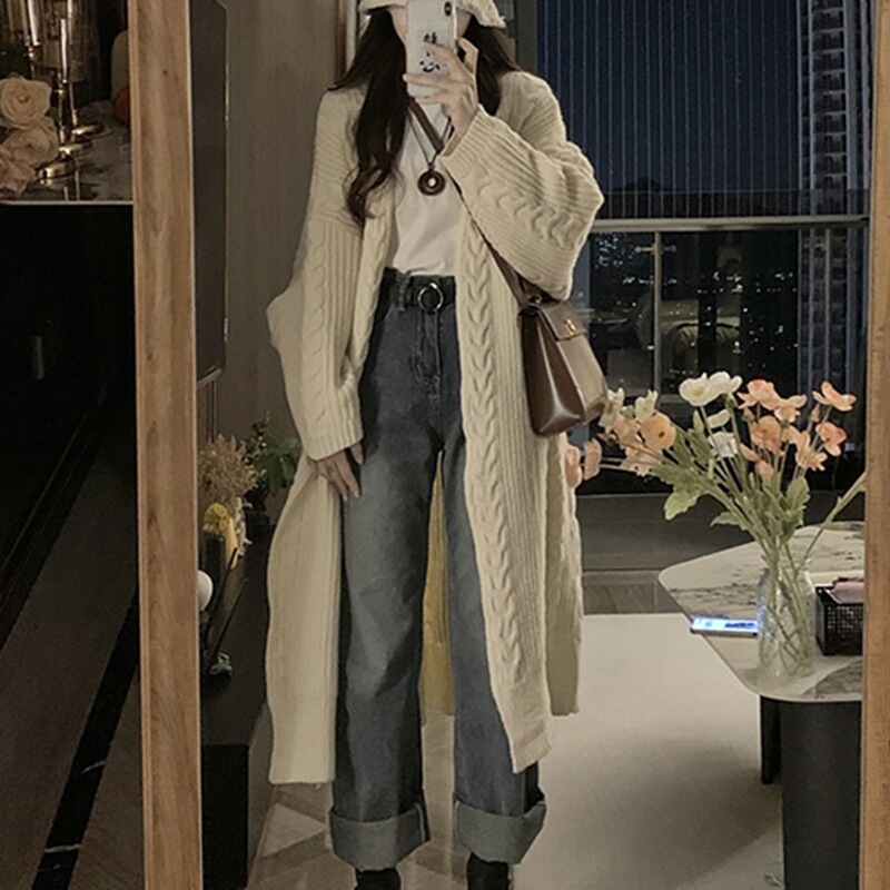 Gray Long Twist Knitwear Jacket for Women 2025 Autumn and Winter New Korean Style Loose Lazy Knitwear Thickeneded Cardigan
